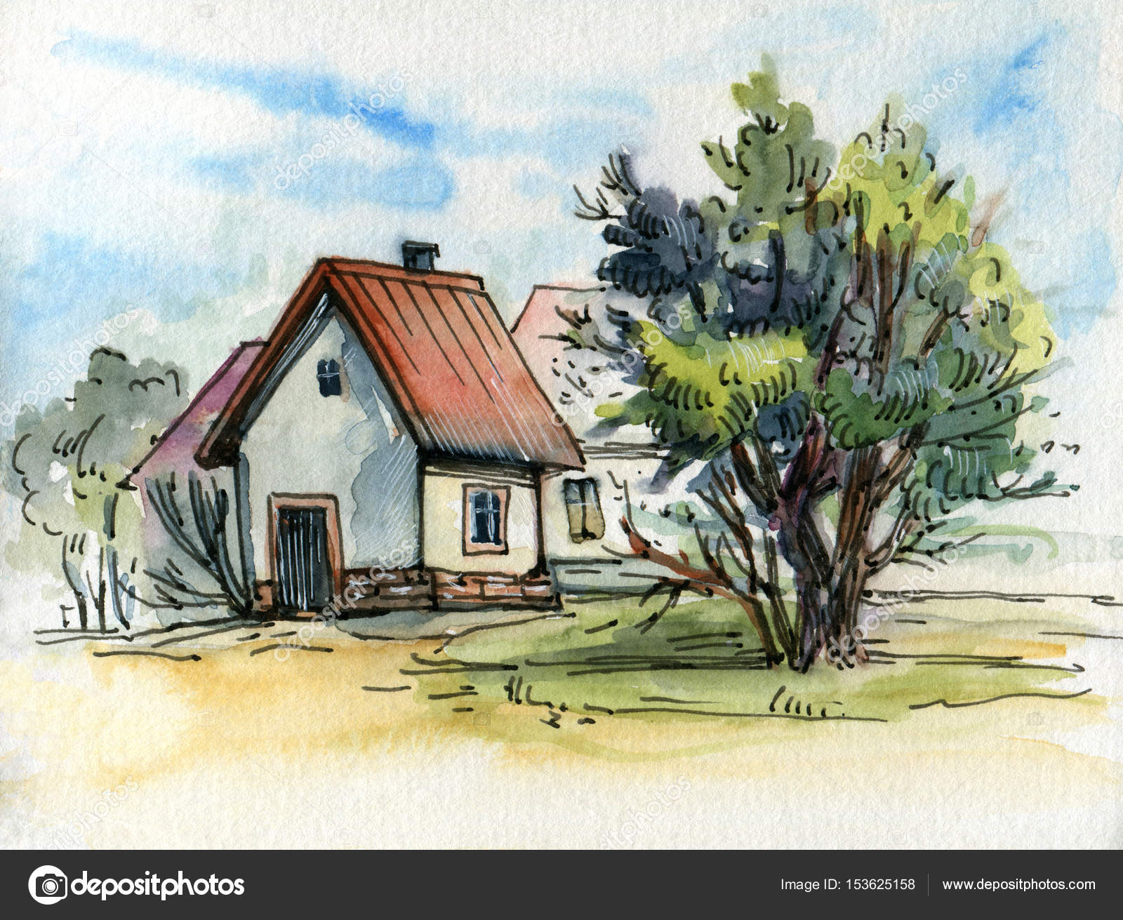 1600x1311 Watercolor Drawing Of Small Village Stock Photo Tiff20