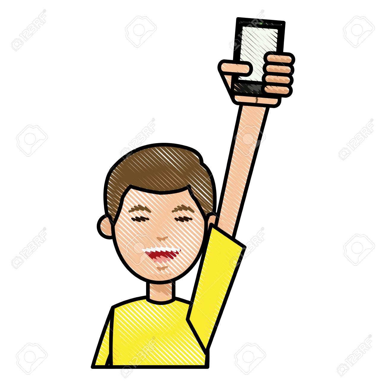 1300x1300 Drawing Boy With Yellow Tshirt Holding Smartphone In Hand Vector