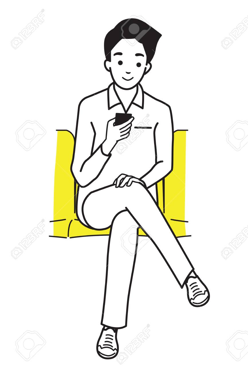 866x1300 Young Man Holding And Using Smartphone, Sitting In Subway. Outline