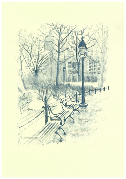 424x600 Winter, Pencil, Drawing, Snow, Park, New York, Bench, Light