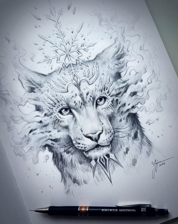 570x716 Snow Leopard Spirit Original Drawing Fantasy Pencil By Jojoesart