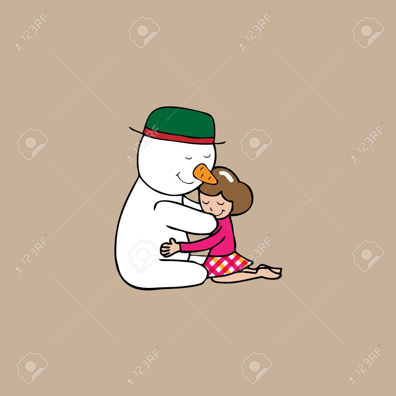 1300x1300 Hug Christmas Girl And Snowman Cartoon Drawing Royalty Free