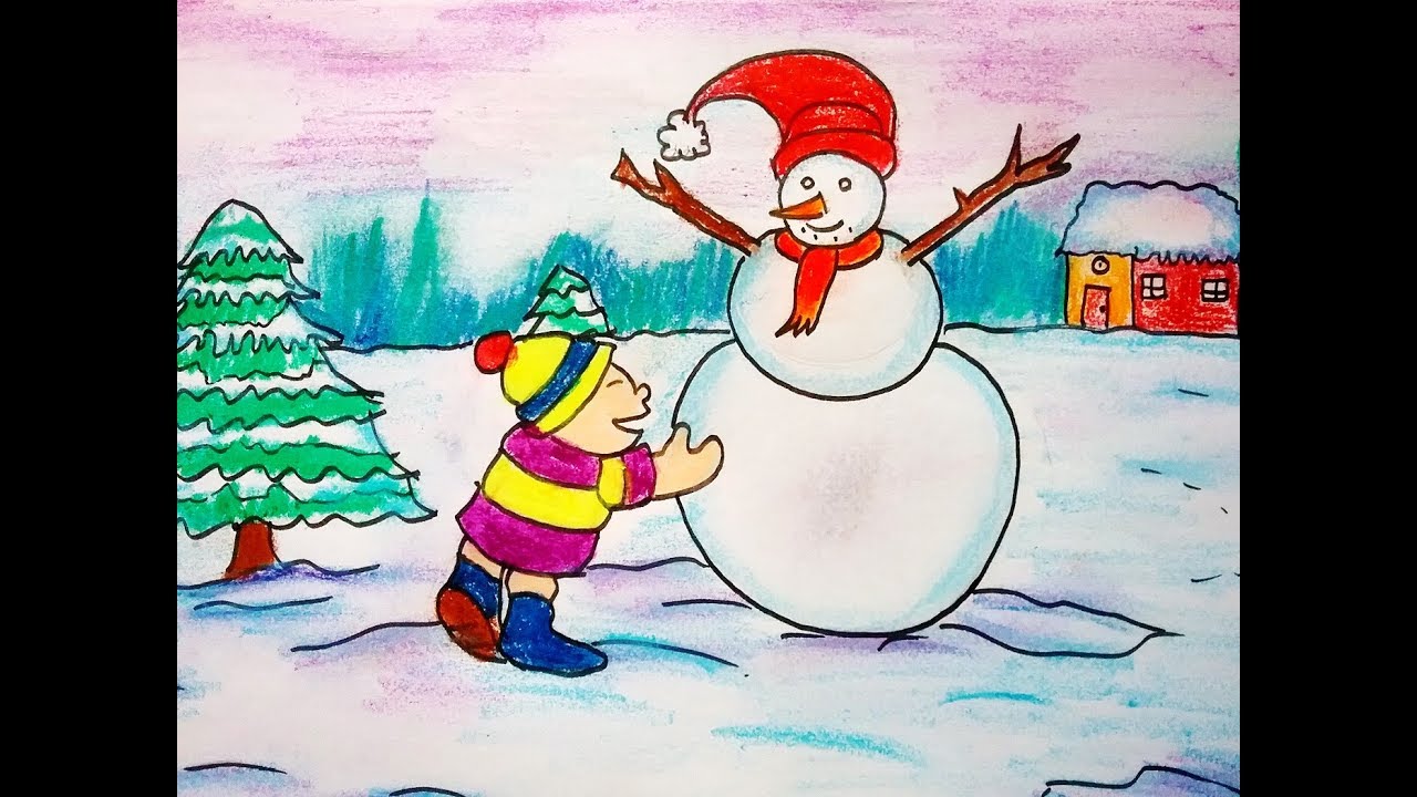 1280x720 How To Draw Landscape Scenery. Snowman Drawing For Kids. Happy New