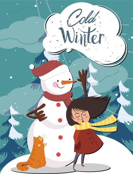 459x600 Cold Winter Drawing Snowman Girl Icons Colored Cartoon Free Vector
