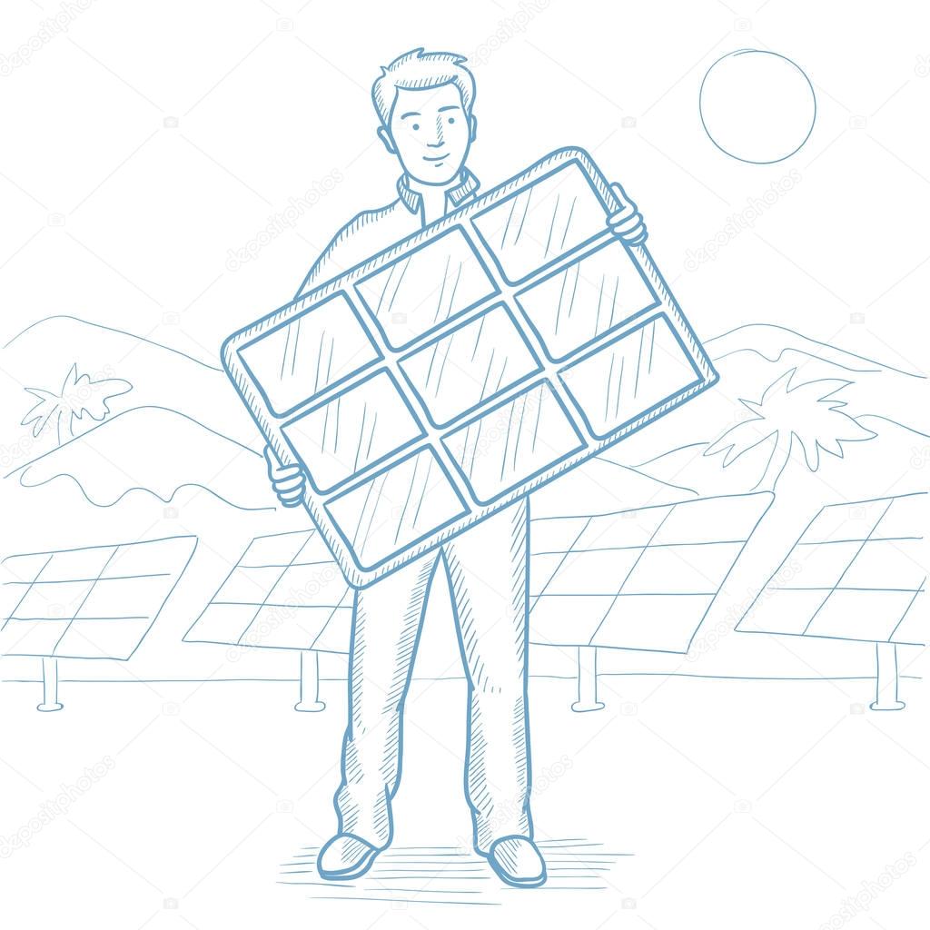 1024x1024 Man Holding Solar Panel Vector Sketch Illustration Stock Vector