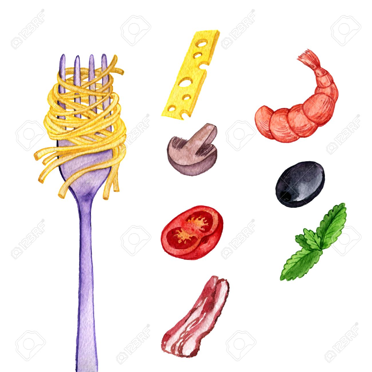 1300x1300 Watercolor Drawing Fork With Spaghetti And Other Foods, Shrimp