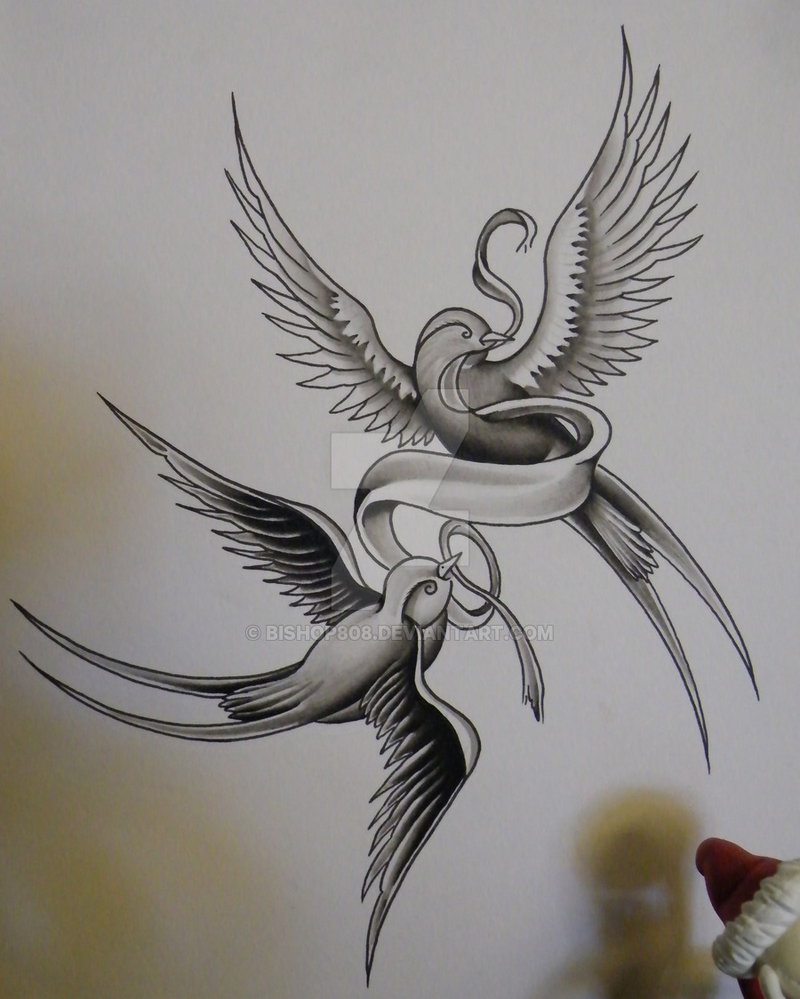 800x999 Black Ink Two Flying Sparrows With Ribbon Tattoo Design