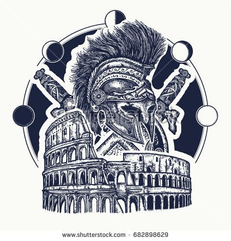 450x470 Spartan Helmet Crossed Swords, Spartan Shield And Colosseum Tattoo
