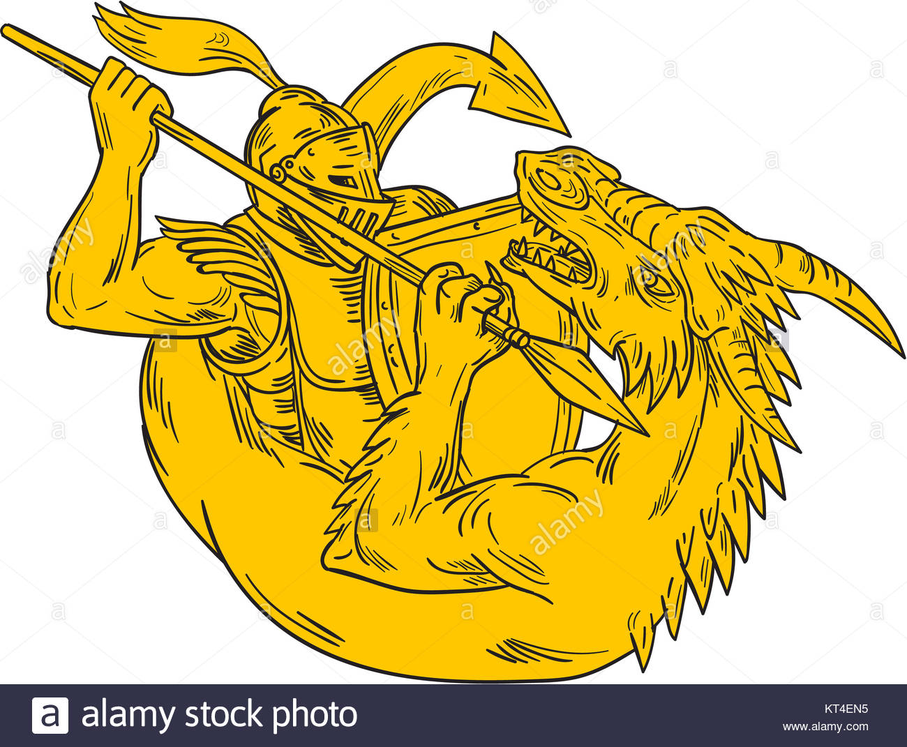 1300x1071 Knight Fighting Dragon Spear Drawing Stock Photo, Royalty Free