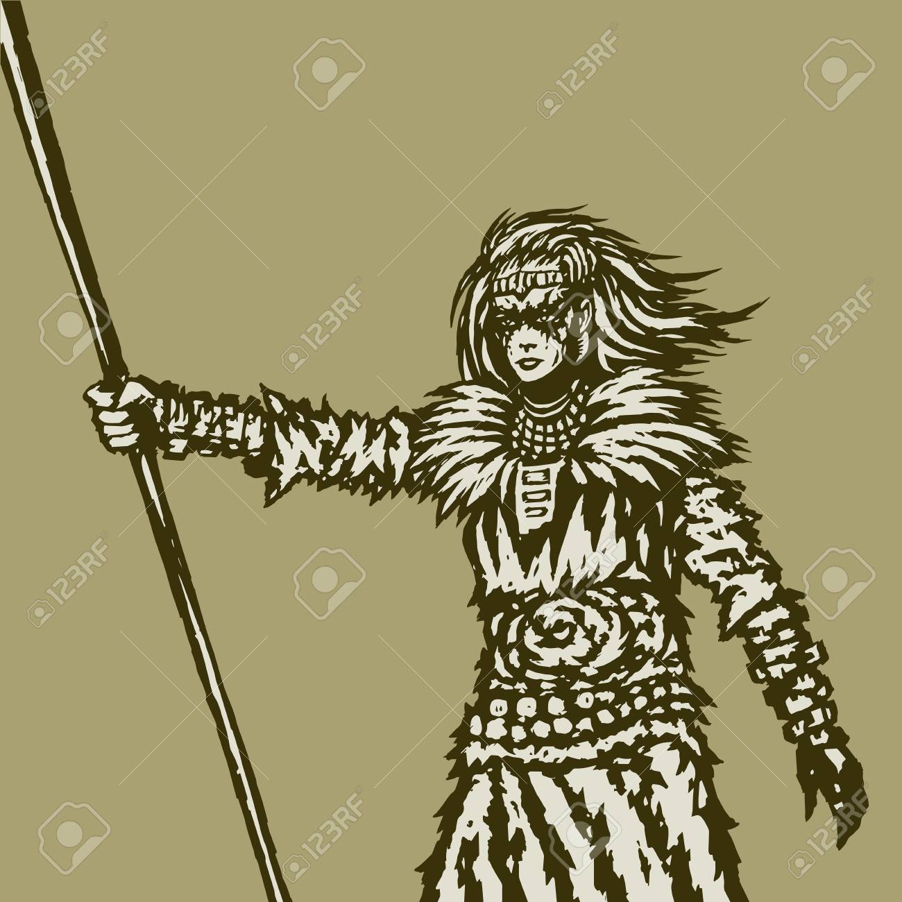 1300x1300 Woman Warrior Holds A Spear In Her Right Outstretched Hand. Vector