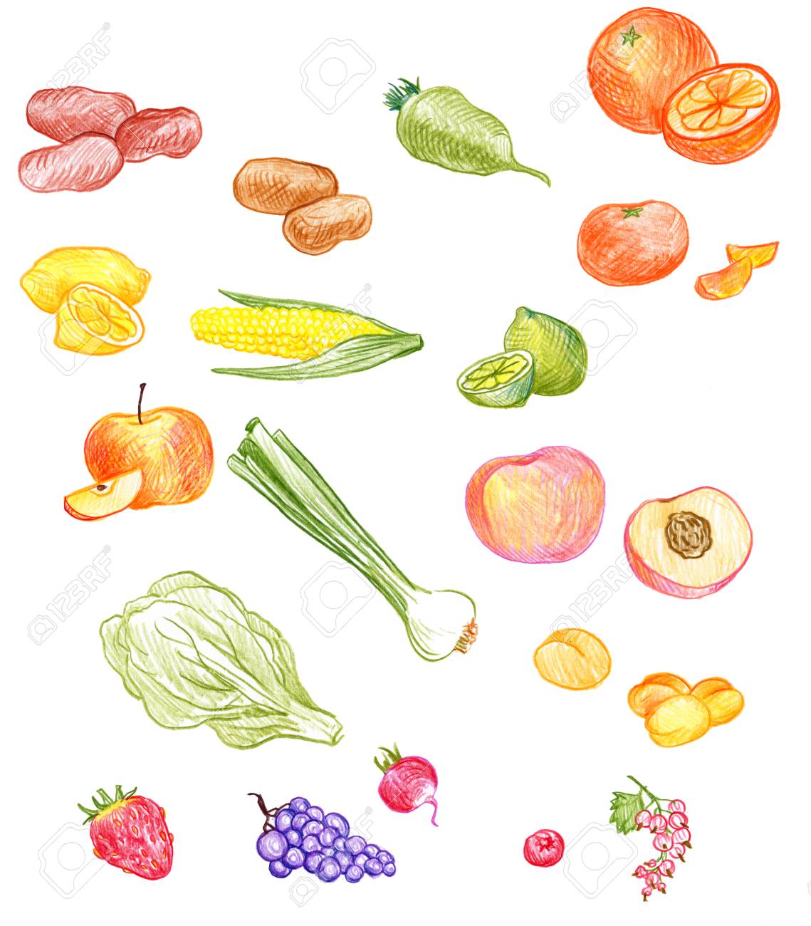 1139x1300 Vector Set Of Food Drawing By Color Pencil, Doodle Spices, Fruits