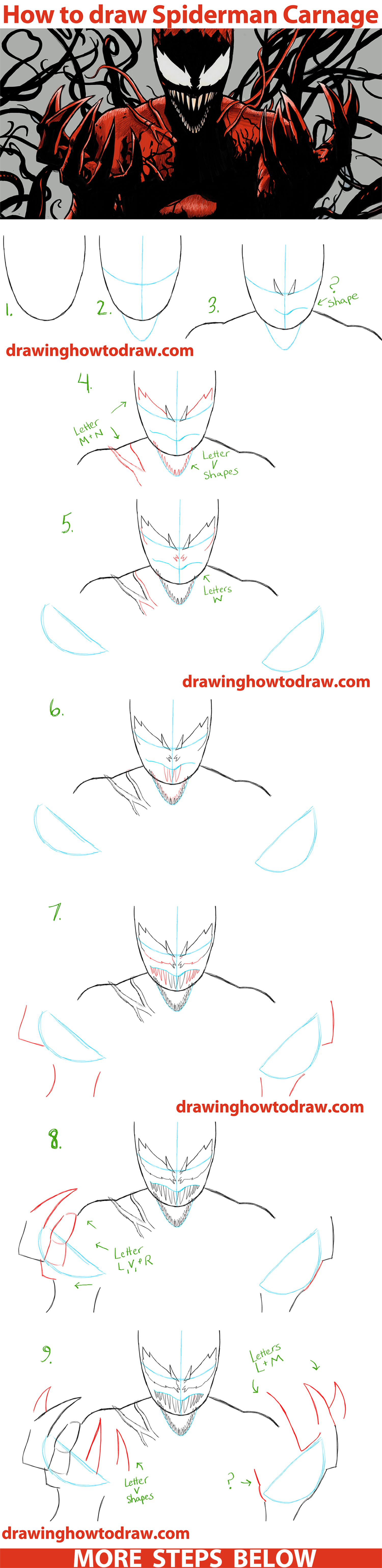 1500x6161 How To Draw Spiderman Carnage From Marvel Comics Step By Step