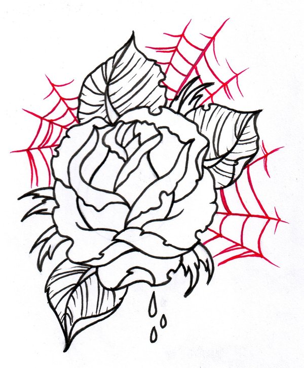 600x726 Outline Rose And Spider Web Tattoo Design