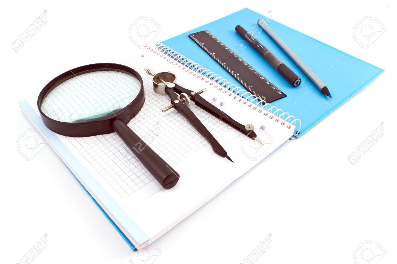 1300x866 Wooden Pencil, Pen, Drawing Compass, Magnifier And Ruler On Spiral