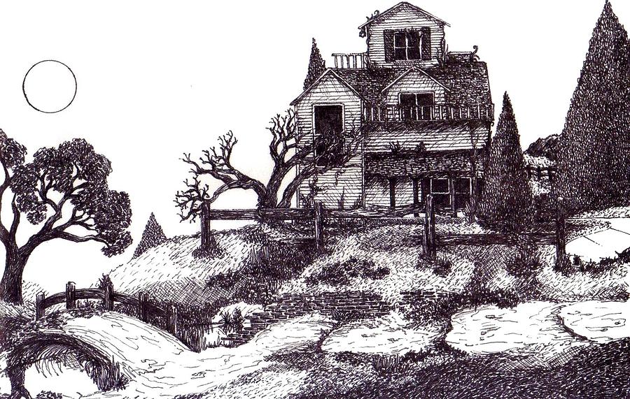 900x571 The Haunted House Drawing By Joella Reeder