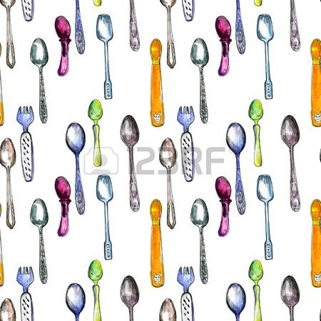 450x450 Seamless Pattern With Tea Spoons Drawing By Watercolor And Ink