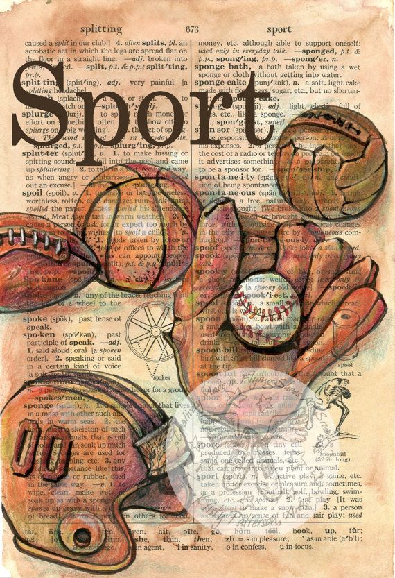 570x833 Print Vintage Sports Equipment Mixed Media Drawing On Distressed
