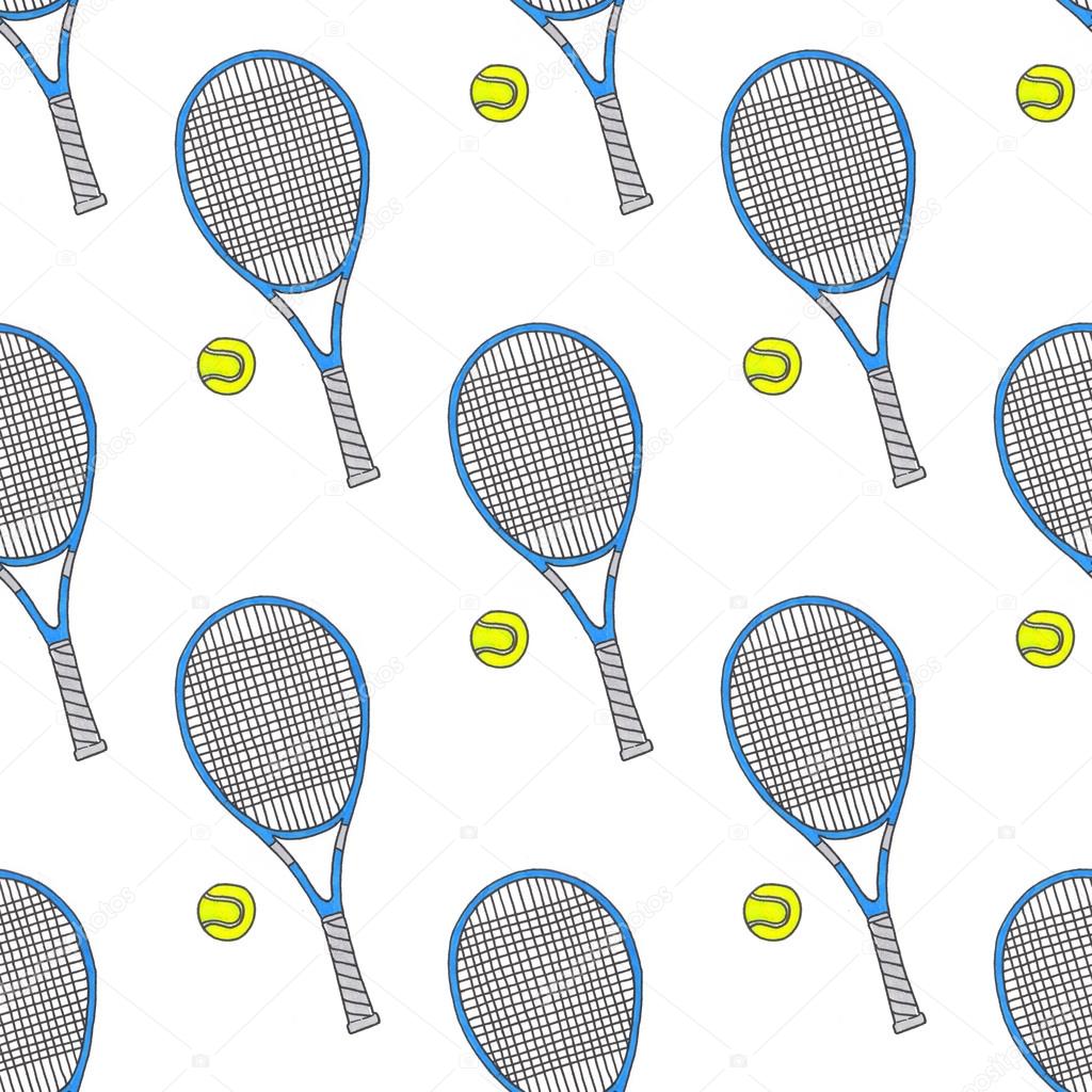 1024x1024 Tennis Racquets And Balls. Seamless Watercolor Pattern With Sport