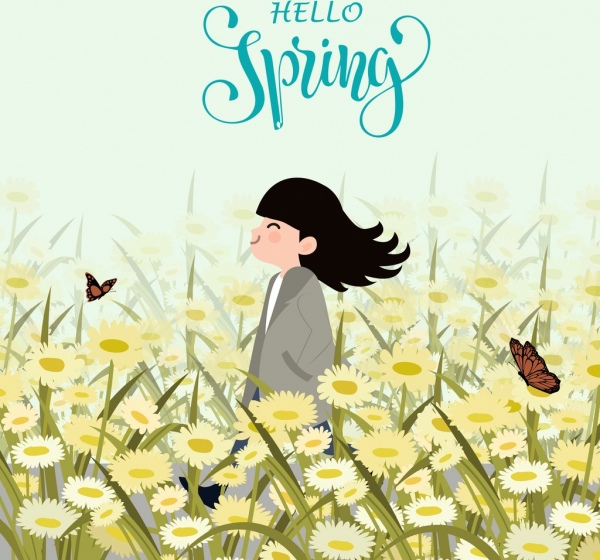 600x560 Spring Drawing Girl Flower Field Icons Colored Cartoon Free Vector