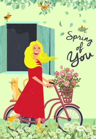 325x468 Spring Drawing Lady Cat Flowers Bicycle Colored Cartoon Vectors