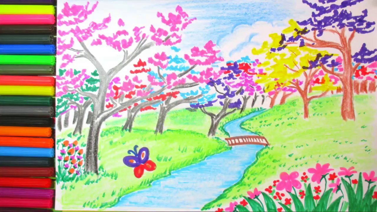 1280x720 Drawing Spring Season And Cherry Blossom Flower Scenery Drawing