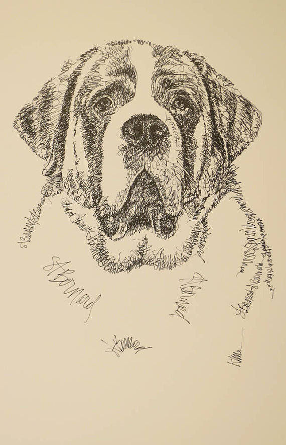 570x885 Saint Bernard Dog Art Portrait Drawing From Words. Your Dog's Name