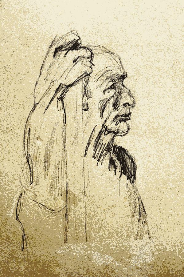599x900 Old Man Holding Staff Drawing By Sheri Buchheit