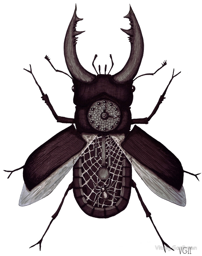 791x1000 Stag Beetle Clock Surreal Black And White Pen Ink Drawing By