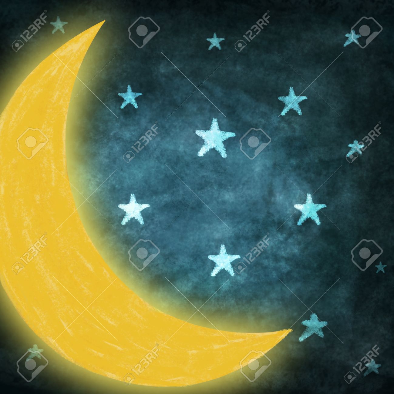 1299x1300 Night Time With Stars Moon Drawing Stock Photo, Picture