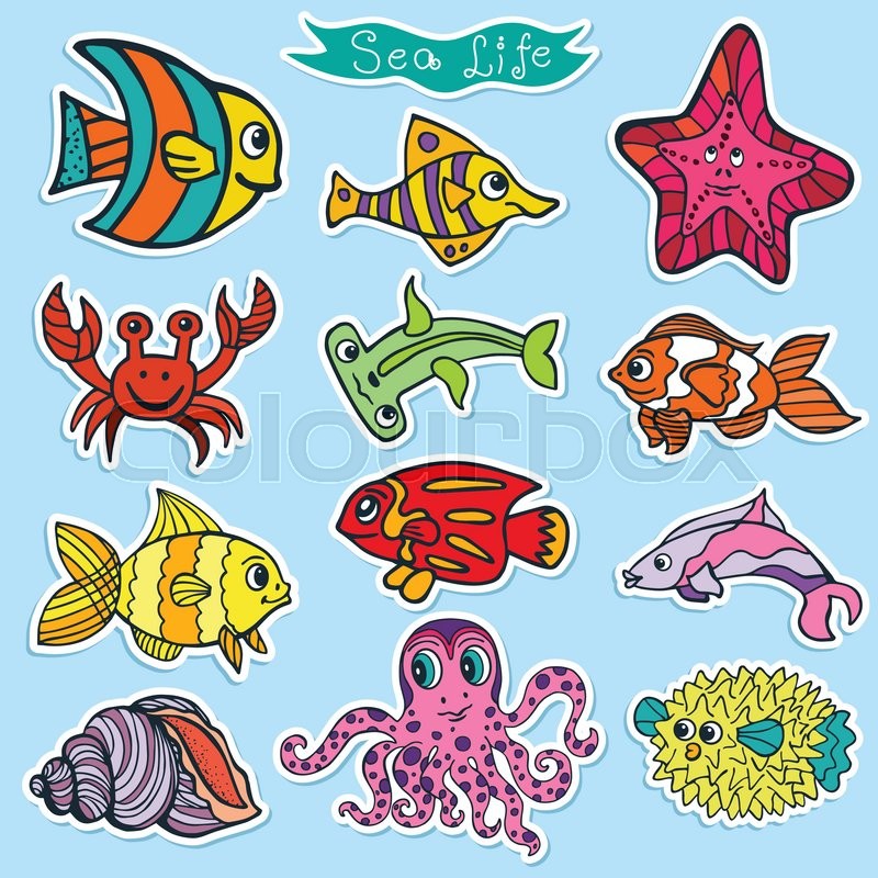 800x800 Sea Life Animals Stickers Set. Fish, Octopus And Crab,starfish