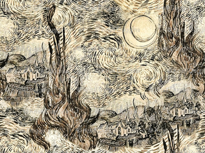 400x299 Sepia Starry Night Drawing, Van Gogh Fabric