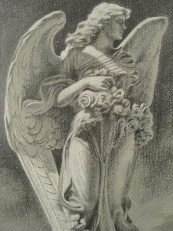 564x750 Original Drawing Angel Statue Randall Signed, Framed