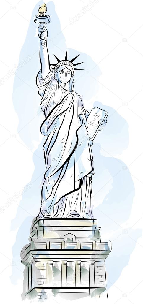 484x1024 Drawing Color Statue Of Liberty In New York, Usa Stock Vector