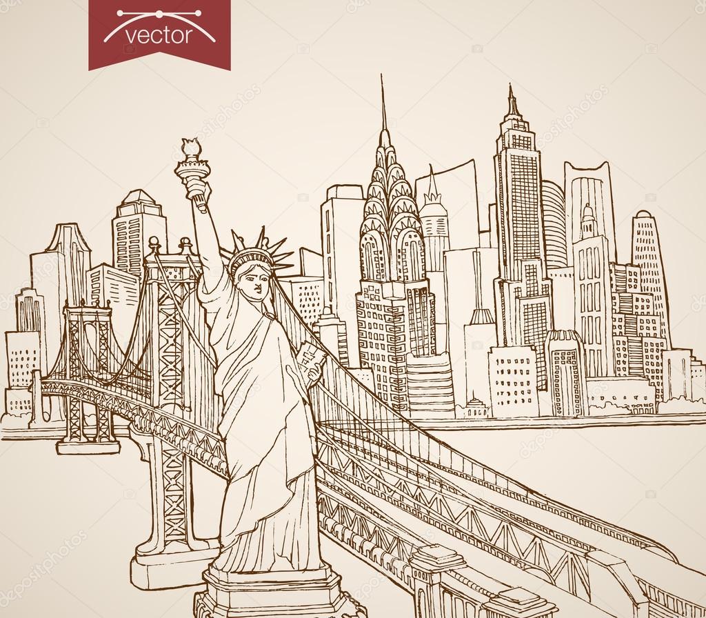 1024x896 Sketch Statue Of Liberty, Manhattan Skyscrapers Stock Vector