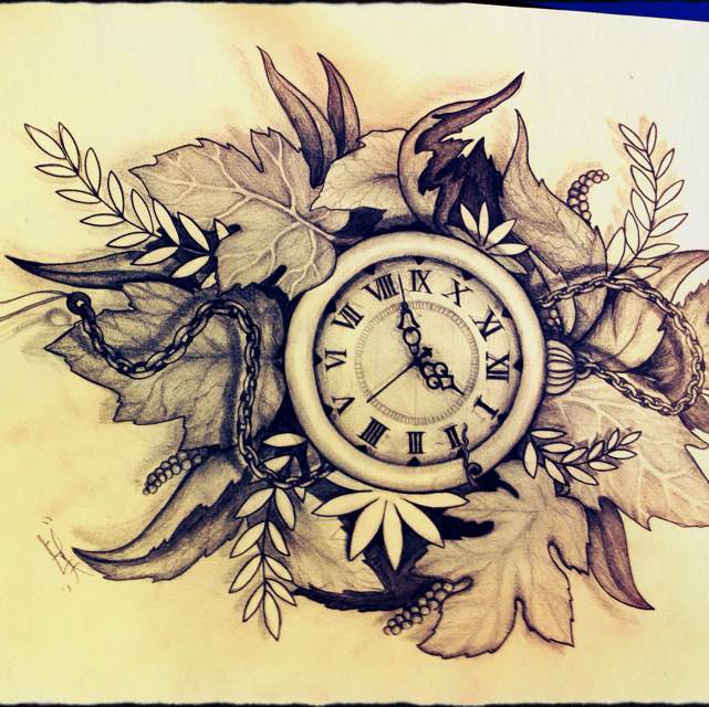 641x640 Pocket Watch Sketch. Beautiful Leaves In The Background.s