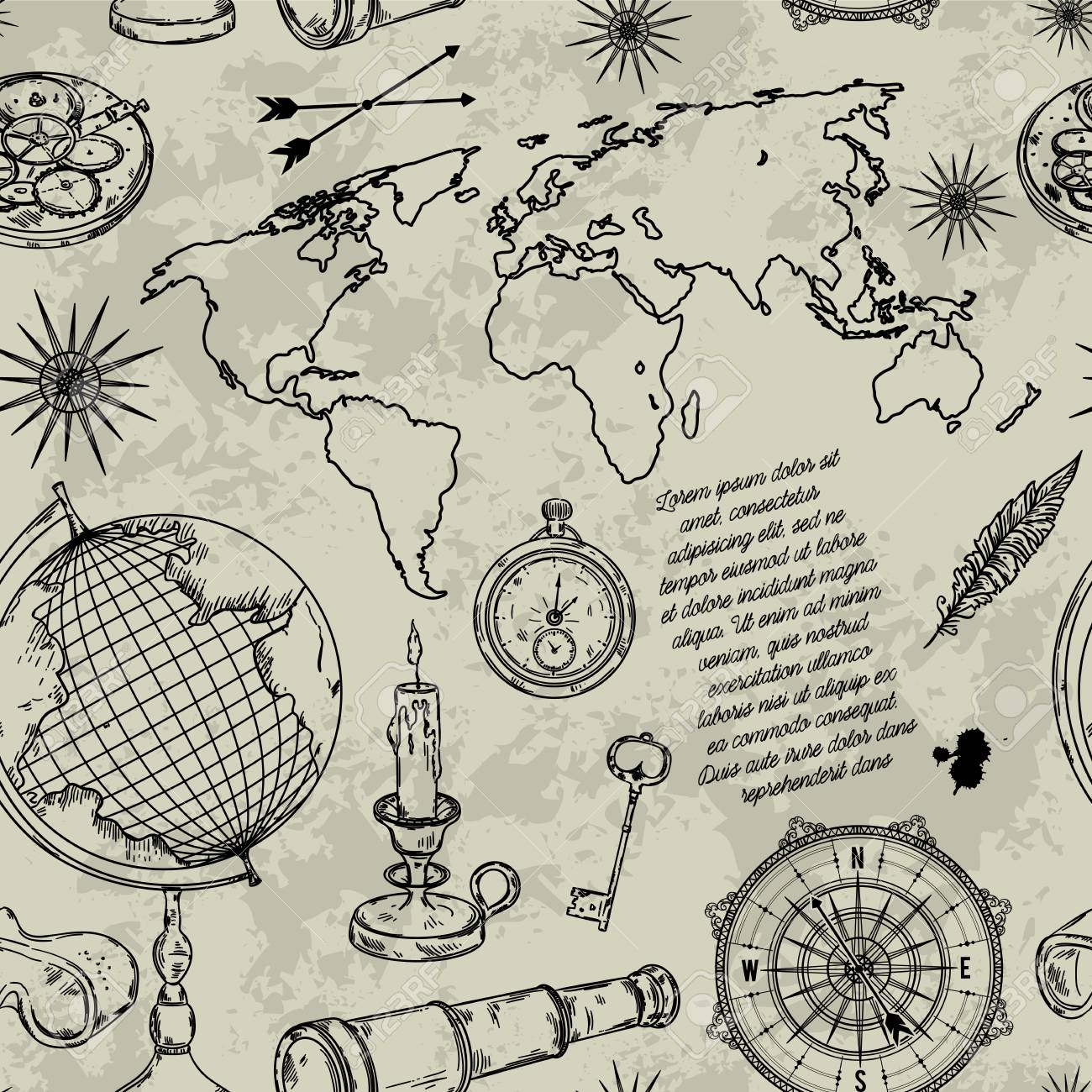 1300x1300 Pattern With Globe, Compass, World Map And Wind Rose. Vintage