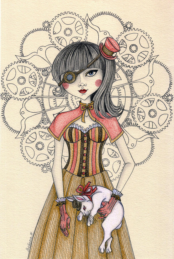 605x900 Steampunk Alice And The White Rabbit Drawing By Snezana Kragulj