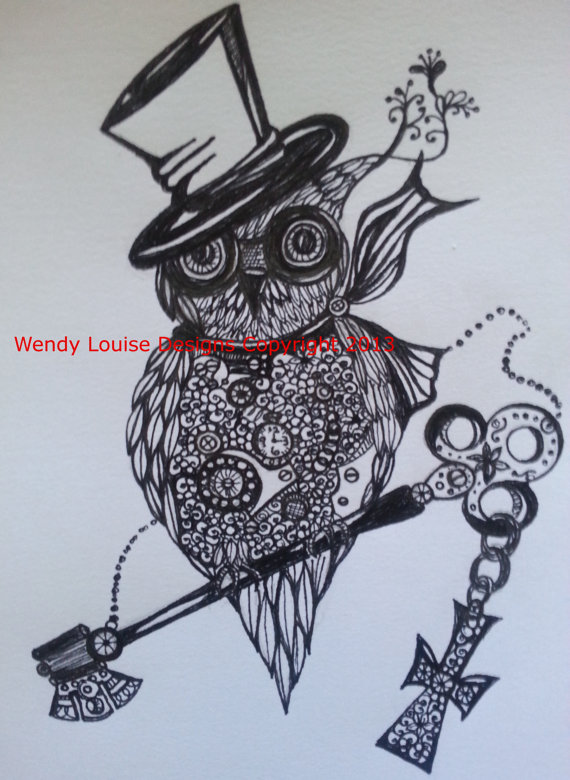 570x780 Steampunk Owl And Key Tattoo Idea Drawing By Elegantinkart, $2.00