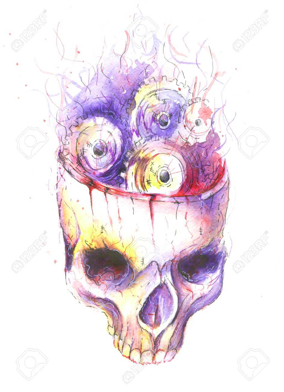 943x1300 Watercolor Steampunk Skull With Gears Instead Of Brain Stock Photo