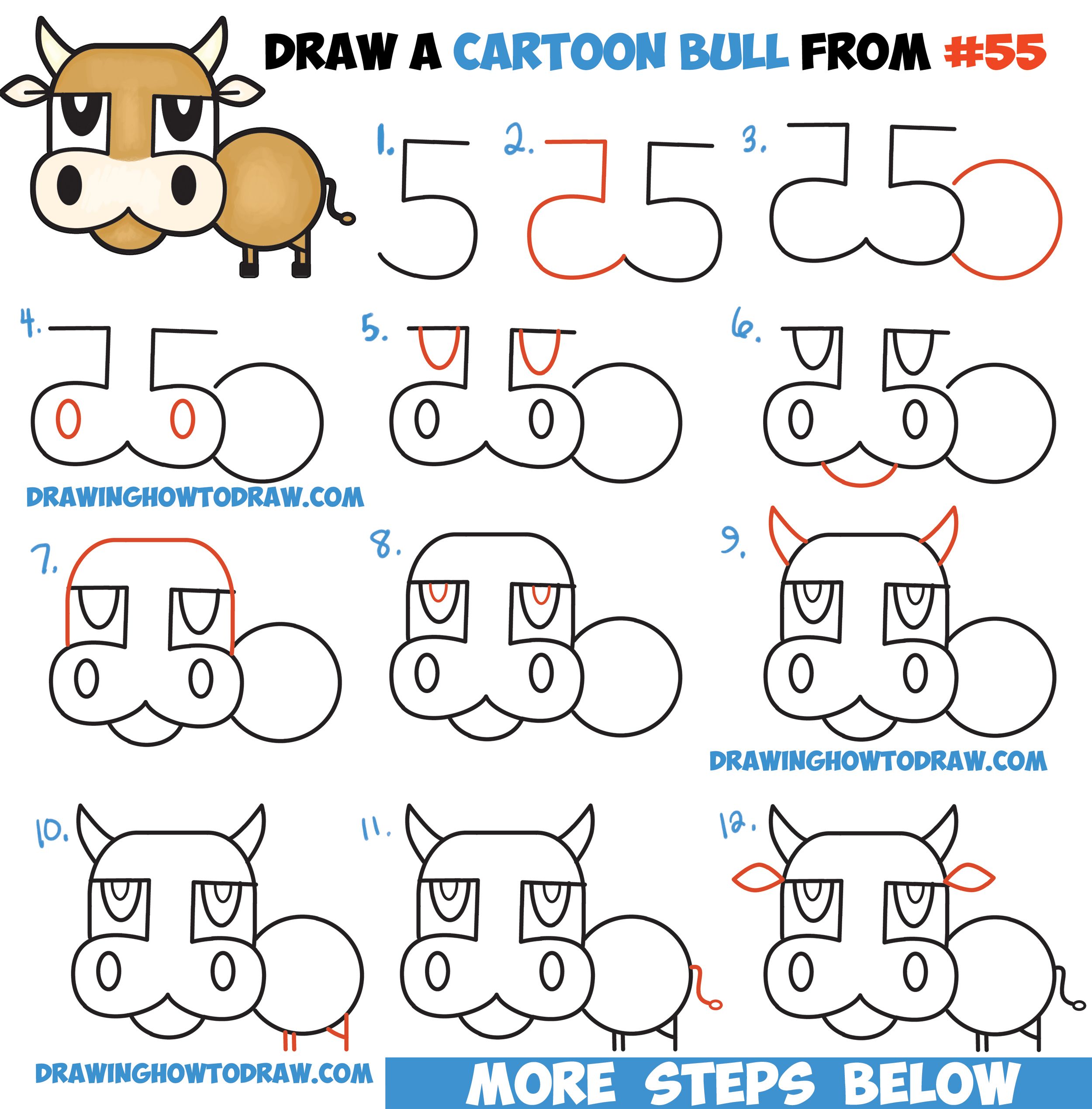 2500x2538 How To Draw A Cartoon Bull Cow From Numbers Amp Letters Easy Step
