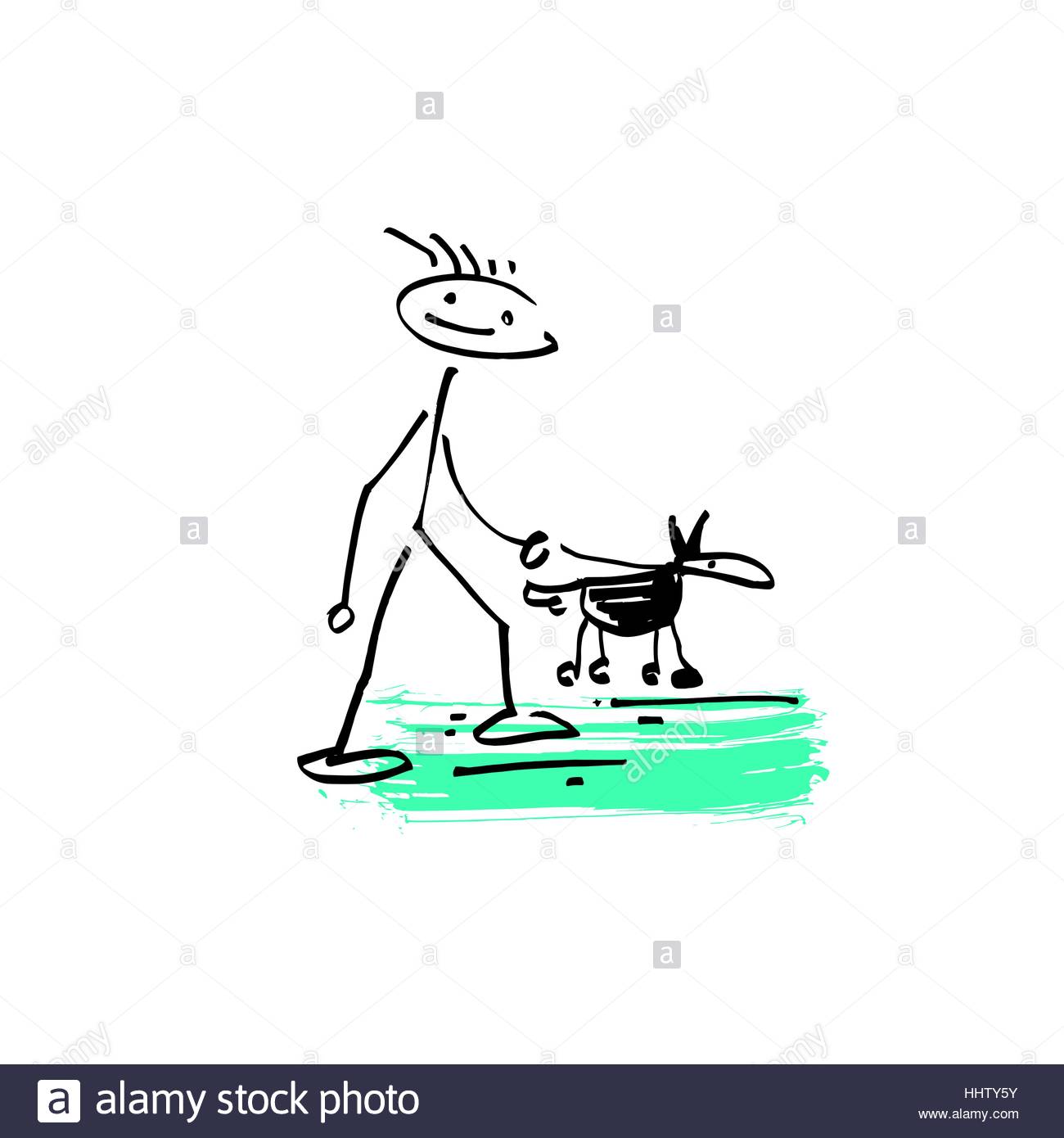1300x1390 Sketch Doodle Human Stick Figure Man Walking With A Dog Stock