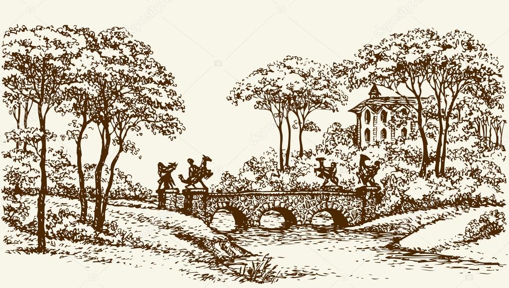1023x579 Stone Bridge In Old Park. Vector Drawing Stock Vector Marinka