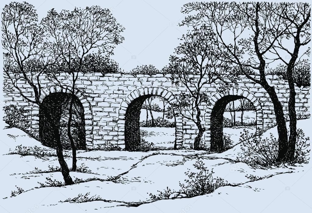 1023x698 Vector Landscape. Old Dilapidated Stone Bridge In The Park Stock