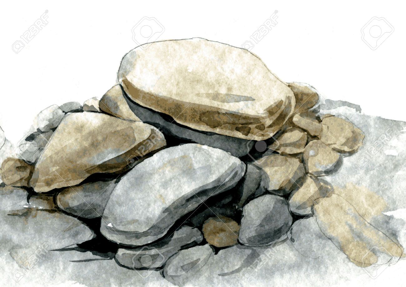 1300x920 Round Sea Stones Drawing By Watercolor, Hand Drawn Vector