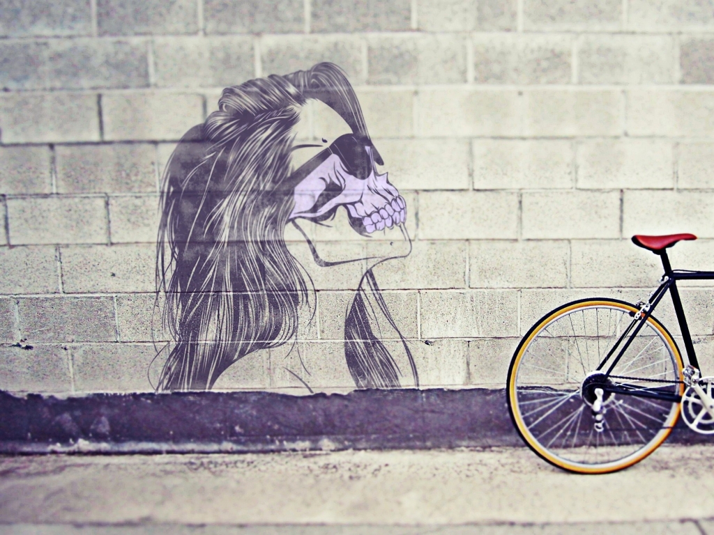 1024x768 Women Skulls Minimalistic Graffiti Long Hair Illustrations Street