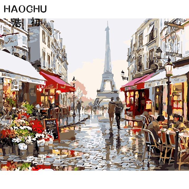 640x640 Haochu Modern Paris Cafe Street Landscape Oil Painting Diy Drawing