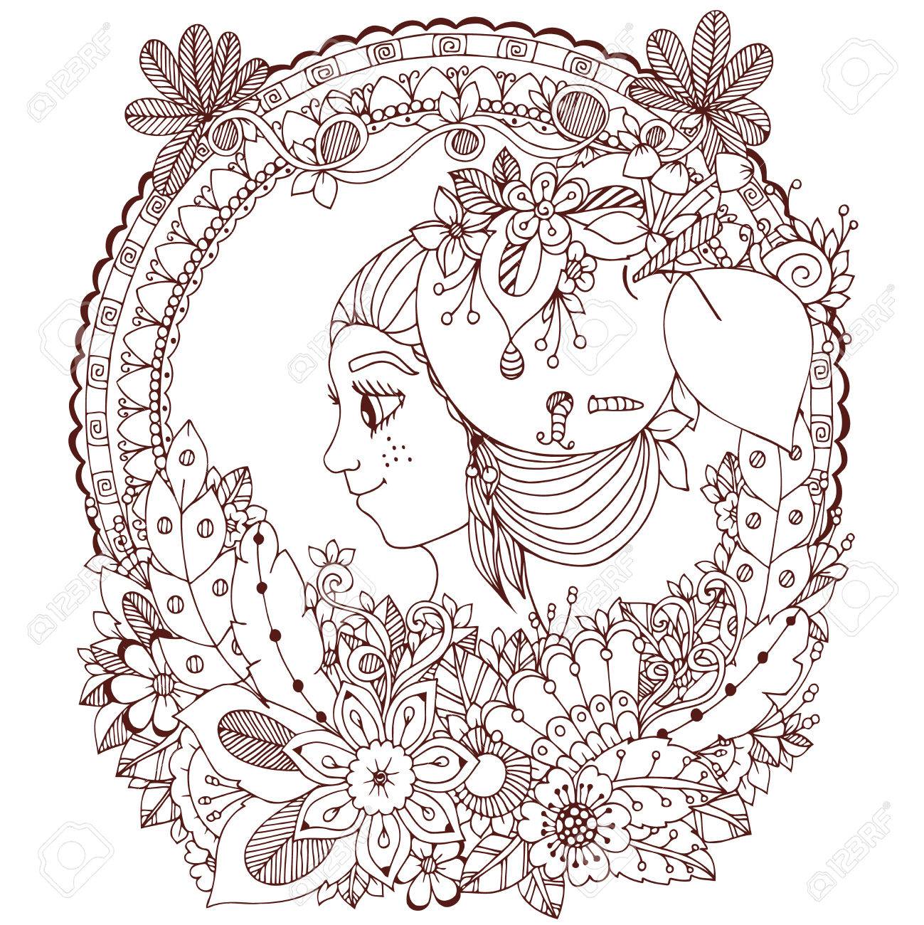 1299x1300 Vector Illustration Zentangl Girl In The Floral Frame Circle
