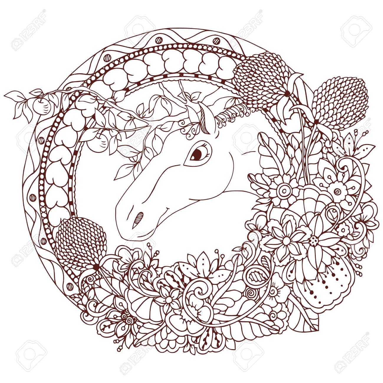1299x1300 Vector Illustration Zentangl The Horse In A Round Floral Frame