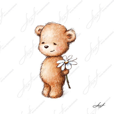 400x400 The Drawing Of Cute Teddy Bear With With Daisy. Printable Art