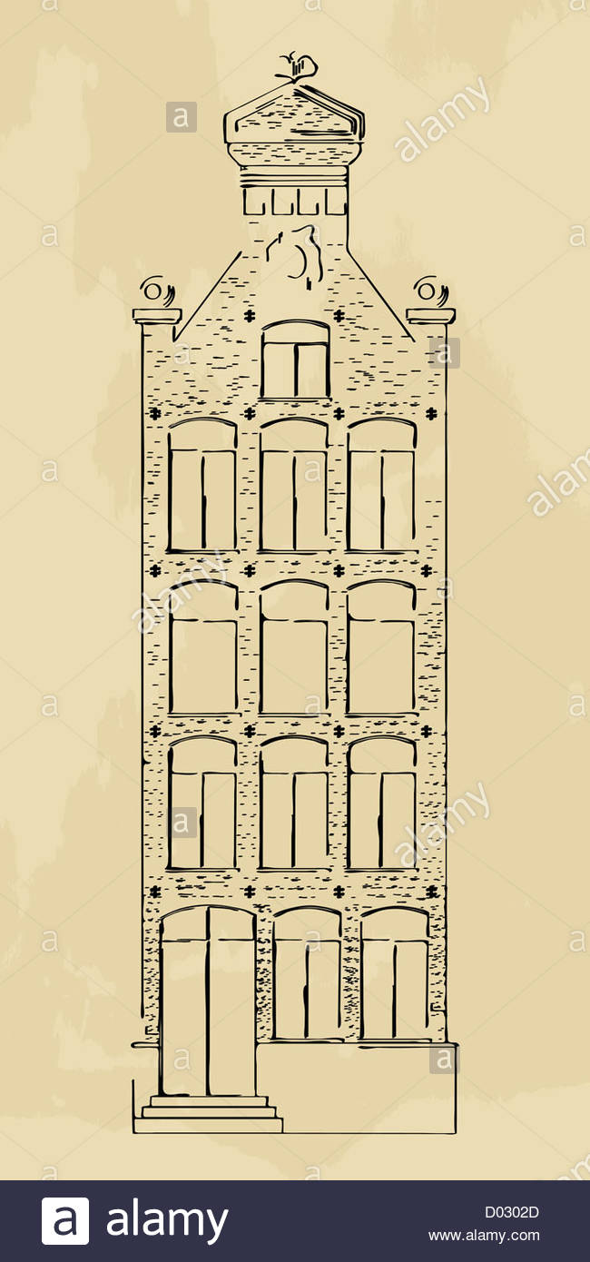650x1390 Stylized Drawing Of A Dutch Style House, Hand Drawn Sketch Stock